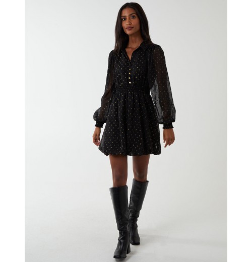 Shirred Waist & Puff Hem Shirt Dress Shirred Waist & Puff Hem Shirt Dress