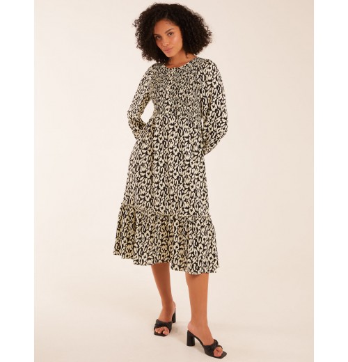 Animal Print Shirred Long Sleeve Midi Dress Animal Print Shirred Long Sleeve Midi Dress