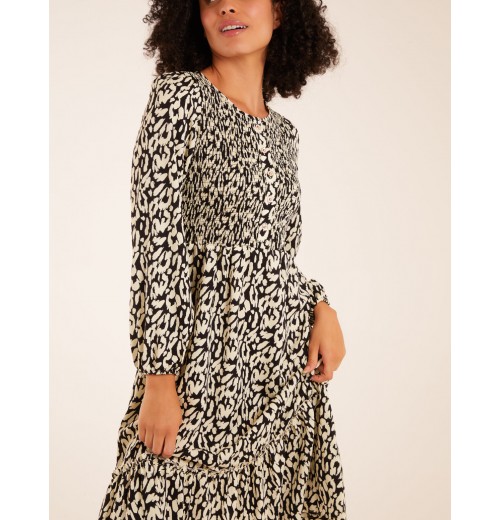Animal Print Shirred Long Sleeve Midi Dress Animal Print Shirred Long Sleeve Midi Dress