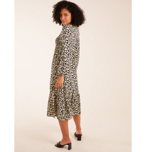 Animal Print Shirred Long Sleeve Midi Dress Animal Print Shirred Long Sleeve Midi Dress