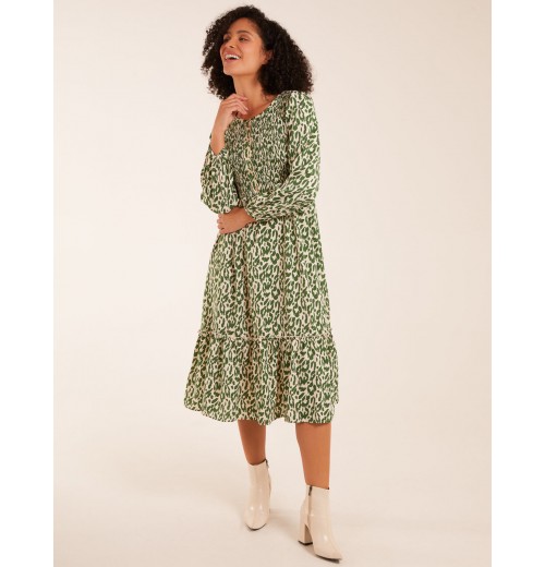 Animal Print Shirred Long Sleeve Midi Dress Animal Print Shirred Long Sleeve Midi Dress
