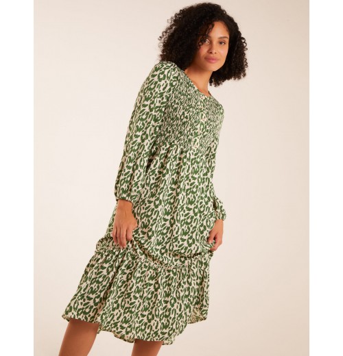 Animal Print Shirred Long Sleeve Midi Dress Animal Print Shirred Long Sleeve Midi Dress