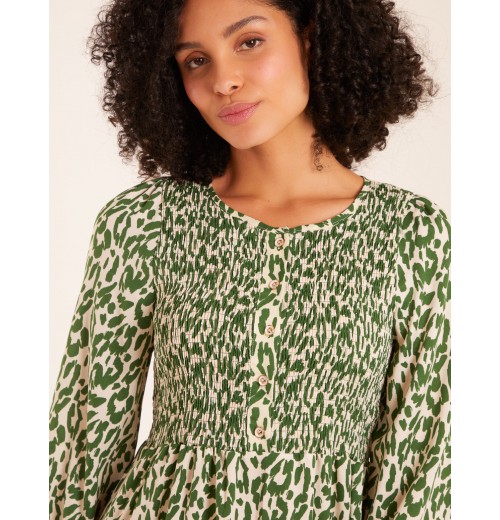 Animal Print Shirred Long Sleeve Midi Dress Animal Print Shirred Long Sleeve Midi Dress