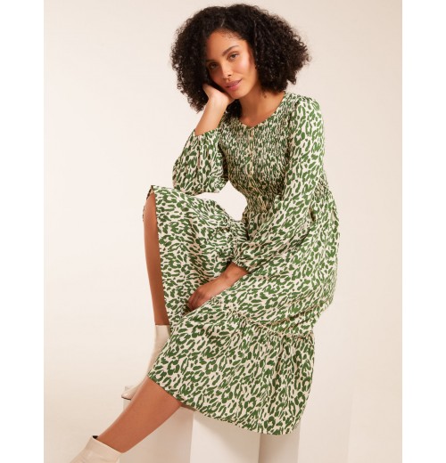 Animal Print Shirred Long Sleeve Midi Dress Animal Print Shirred Long Sleeve Midi Dress