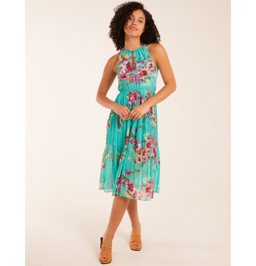 Keyhole Tie Neck Pleated Midi Dress Keyhole Tie Neck Pleated Midi Dress