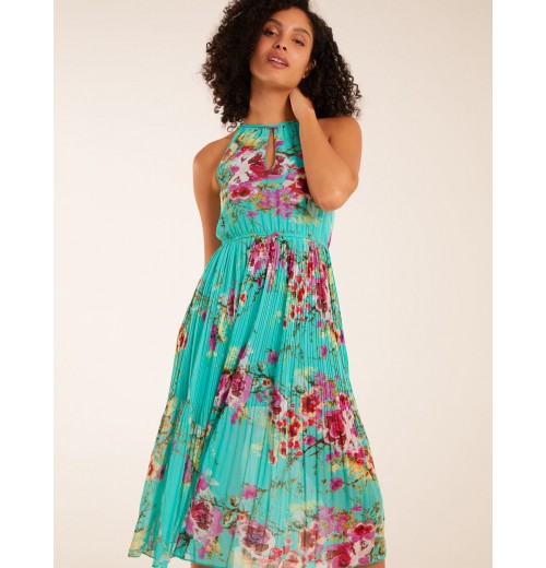 Keyhole Tie Neck Pleated Midi Dress Keyhole Tie Neck Pleated Midi Dress